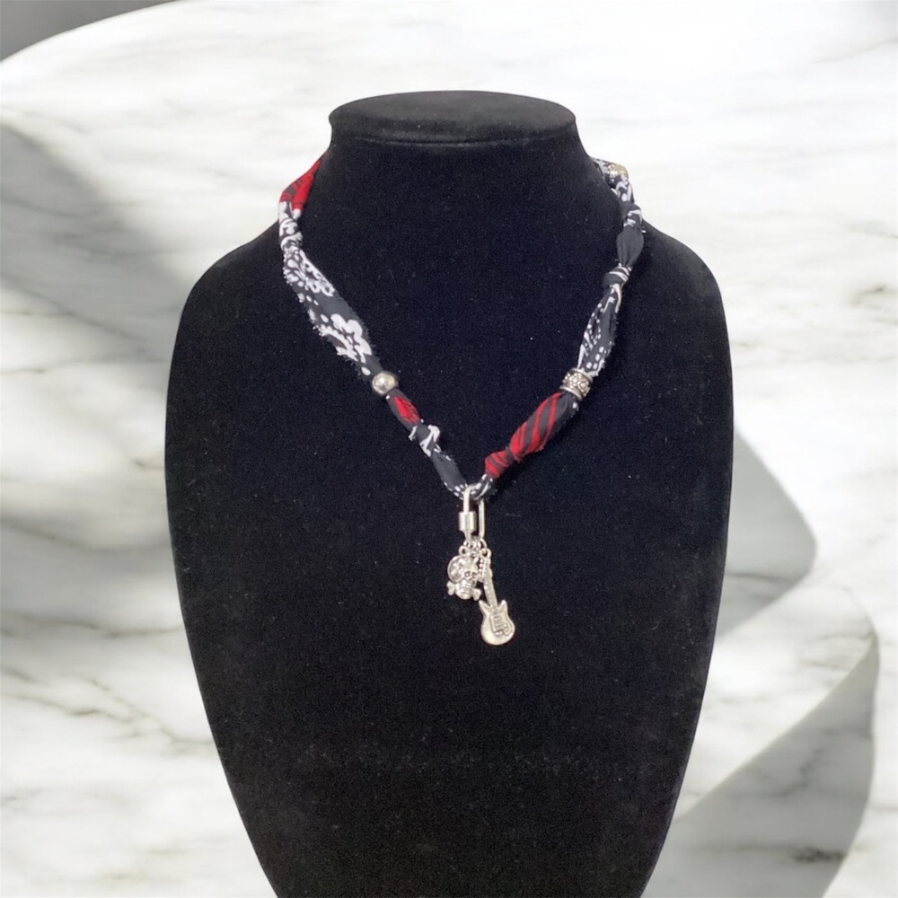 (#55) Handmade Black and Red bandanna Necklace with Silver Charms